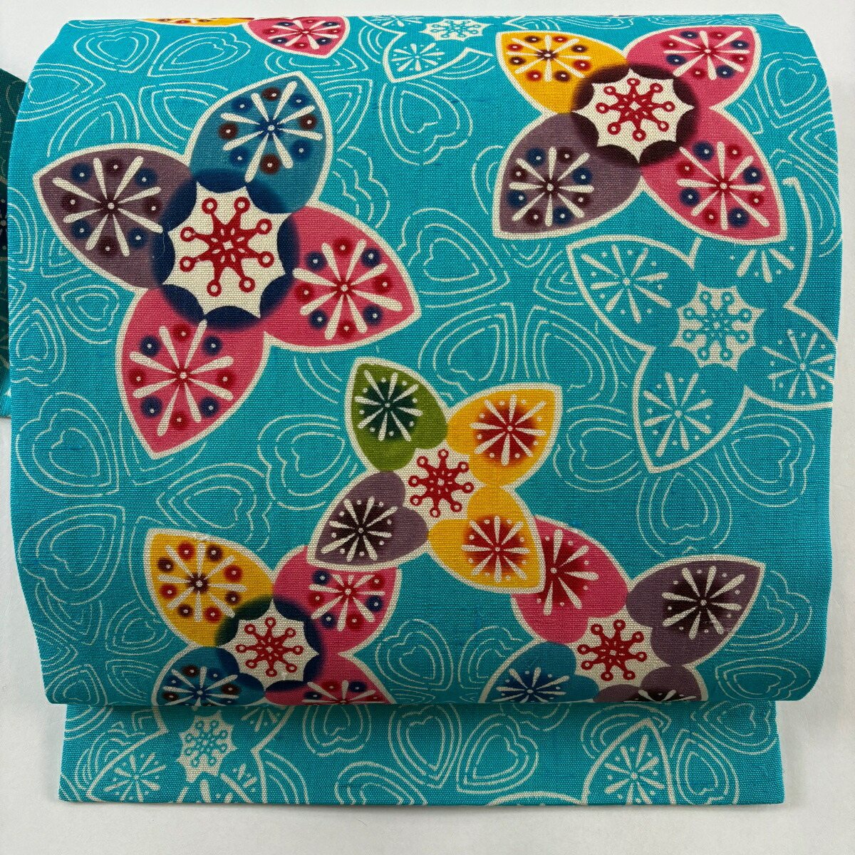 【美品】名古屋帯 逸品 落款あり 証紙あり 紅型工房くんや 紬地 花柄 青緑 正絹 【中古】