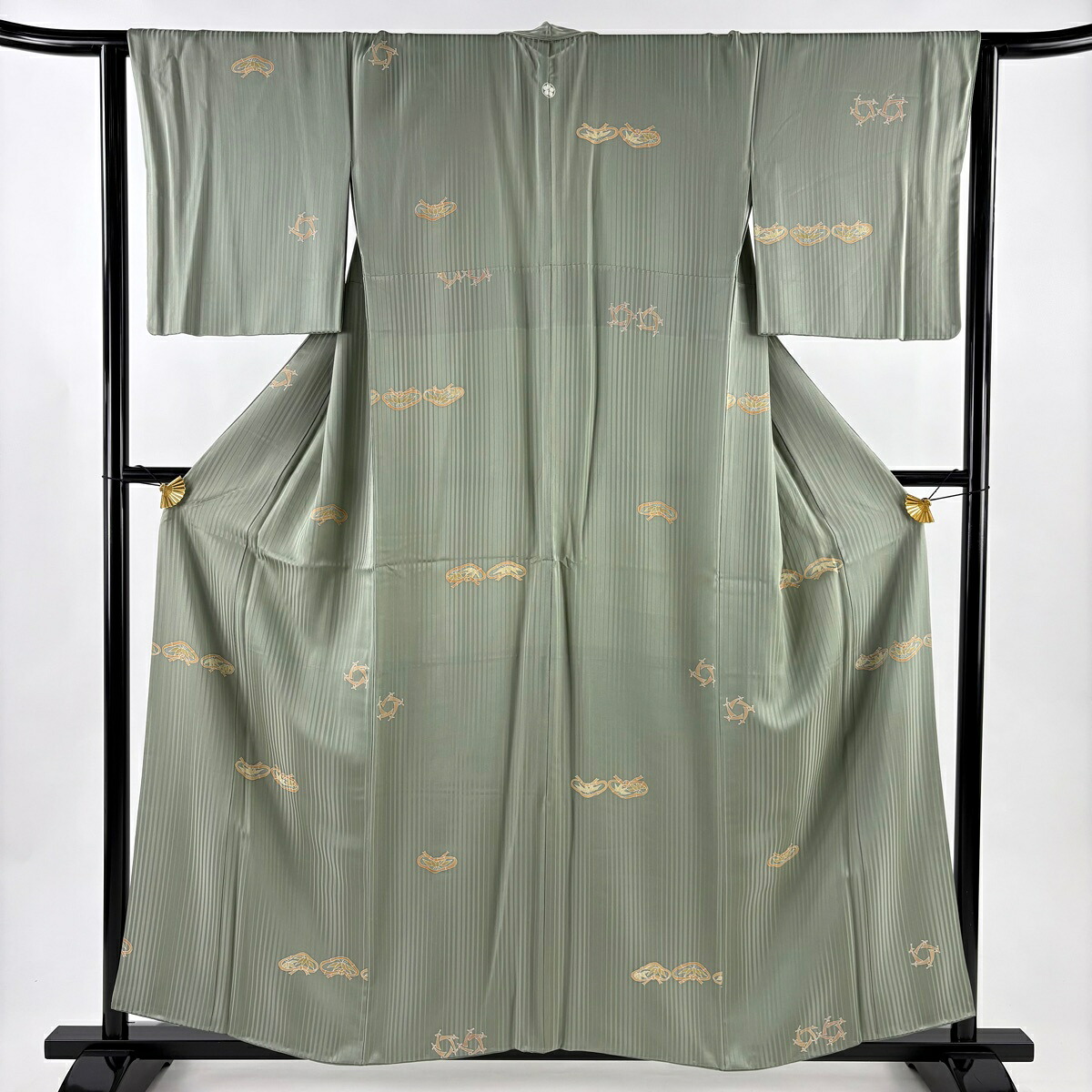 小紋 身丈158cm 裄丈64.5cm M 袷 松 竹 灰緑 正絹 秀品 一つ紋 【中古】