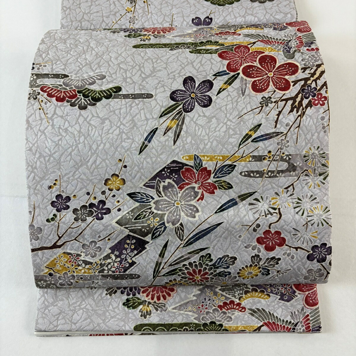 袋帯 名品 松梅 花鳥 銀糸 灰色 六通 正絹 【中古】