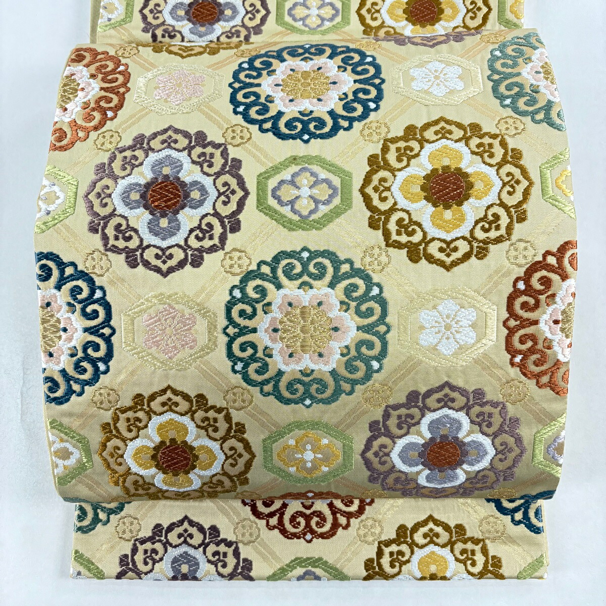 袋帯 名品 華文 蜀江文 唐織 箔 ベージュ 六通 正絹 【中古】