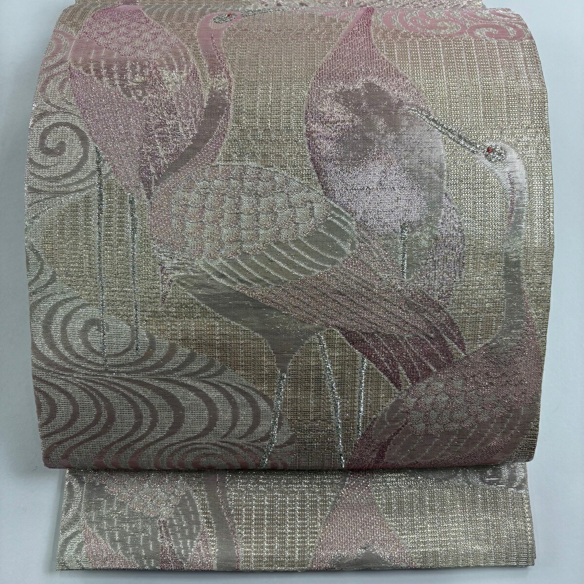 【在庫一掃】 【美品】 袋帯 逸品 鶴 流水 銀糸 ラメ箔 ピンク 六通 正絹 【中古】