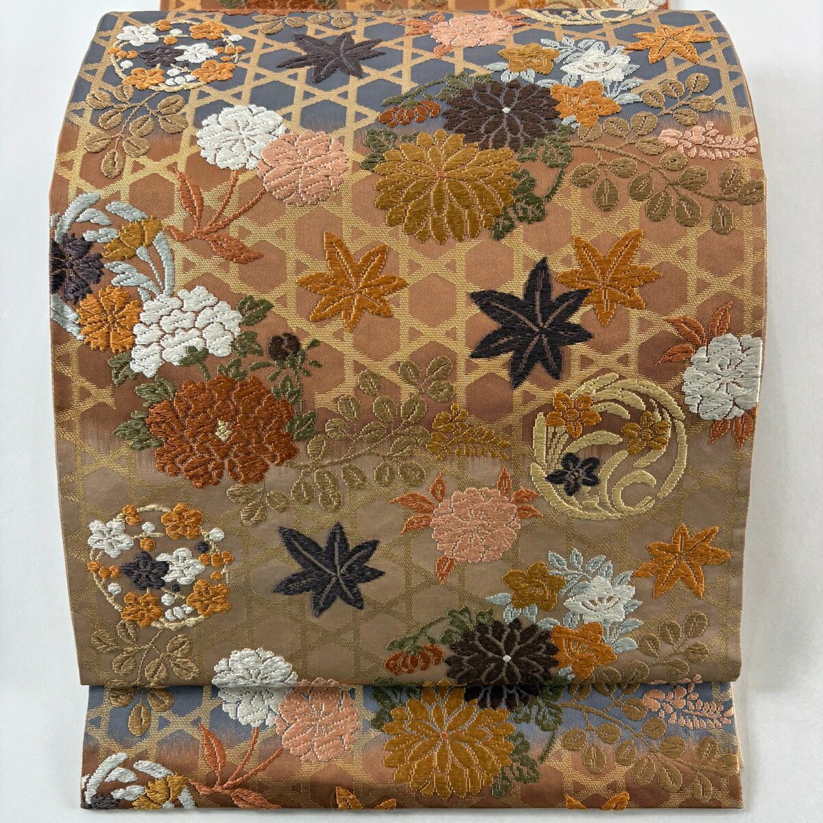 【在庫一掃】 袋帯 逸品 河合美術織物 落款あり 花丸文 籠目 唐織 箔 オレンジ 六通 正絹 【中古】