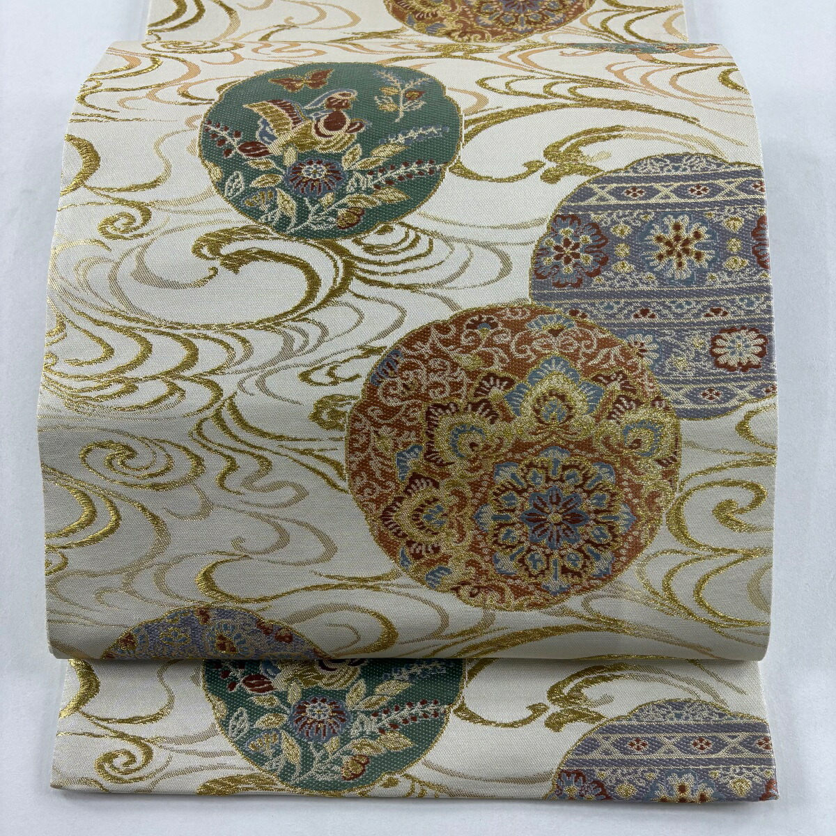袋帯 名品 華文 花鳥 金糸 箔 ベージュ 六通 正絹 【中古】