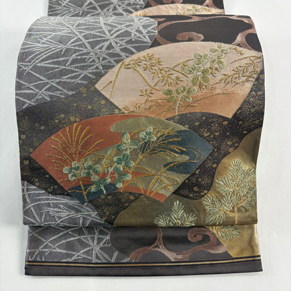 【在庫一掃】 袋帯 逸品 河村織物 落款あり 関西仕立て 道長秋草文 扇面 金銀糸 箔 灰紫 六通 正絹 【中古】 7,948円