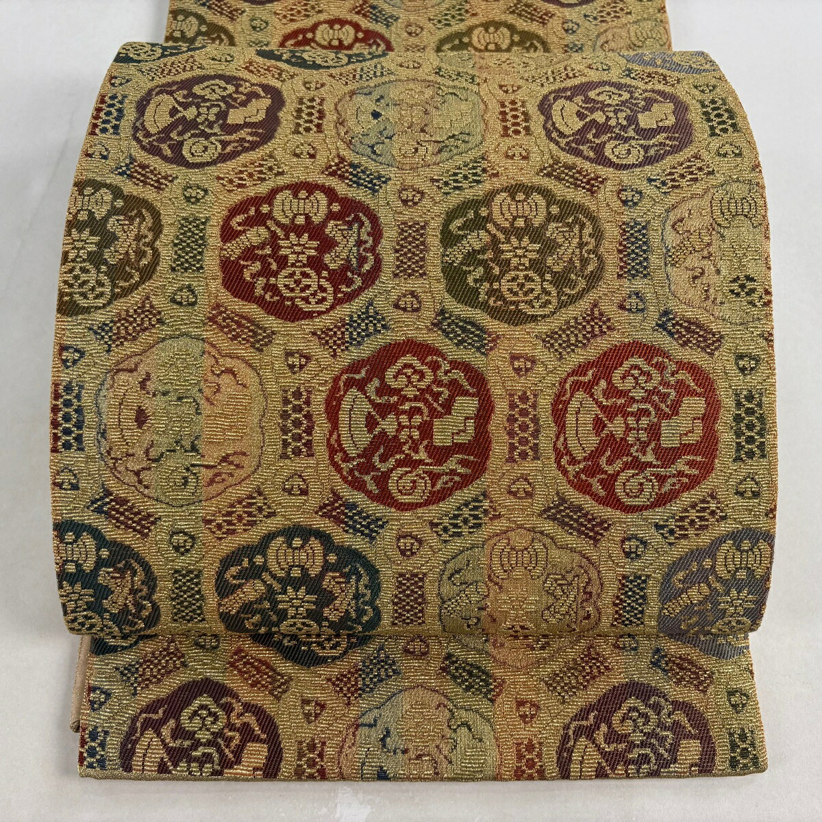 袋帯 名品 宝尽くし 花柄 金糸 金色 六通 正絹 【中古】