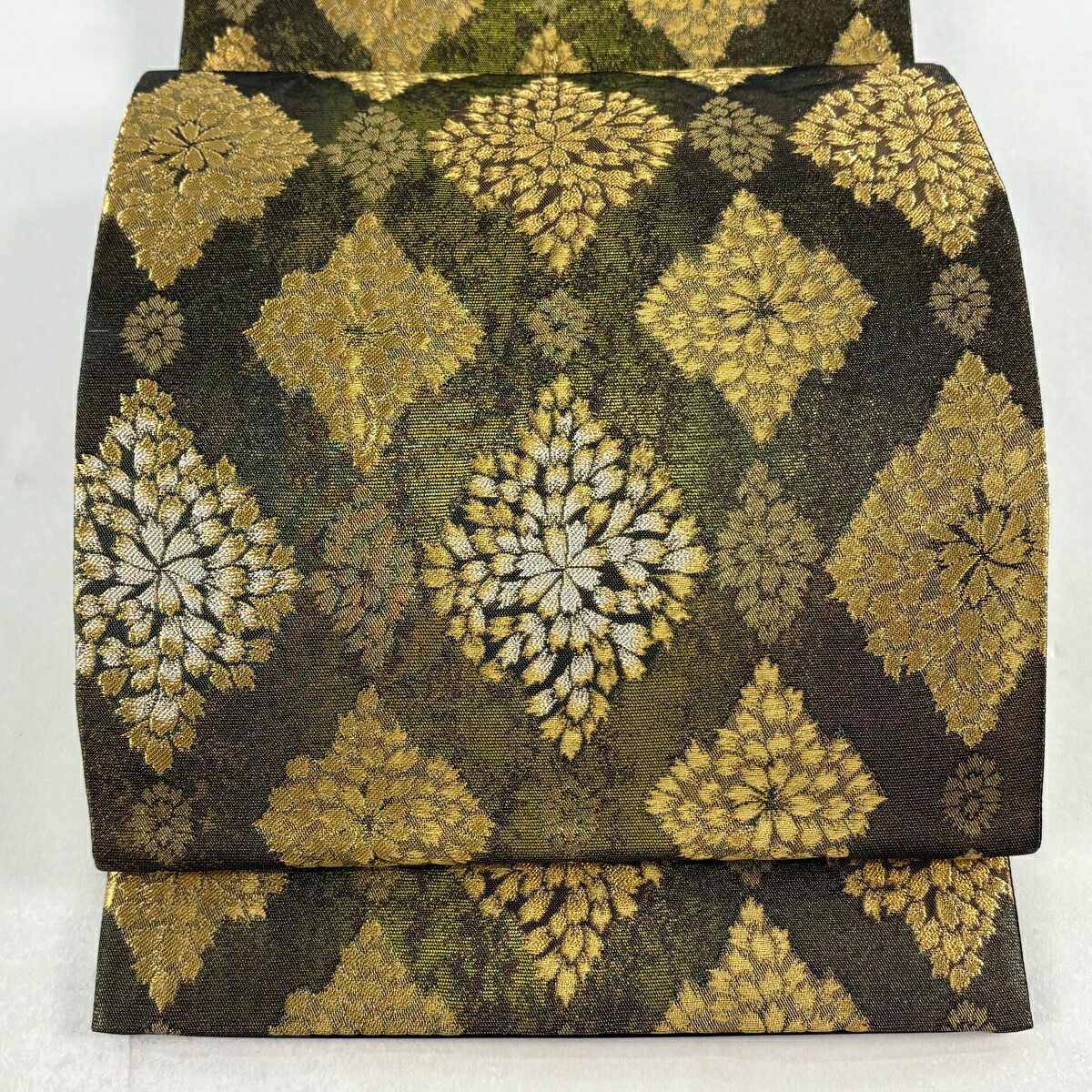 袋帯 名品 花 金糸 箔 よもぎ色 六通 正絹 【中古】