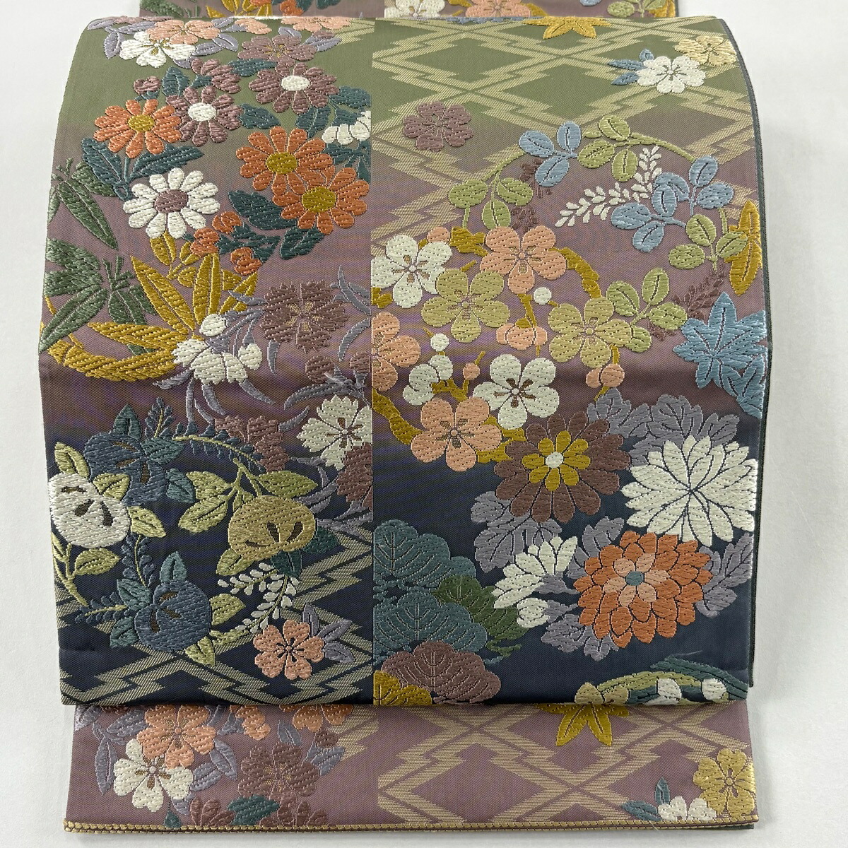 袋帯 名品 花丸文 松皮菱 唐織 箔 薄紫 六通 正絹 【中古】
