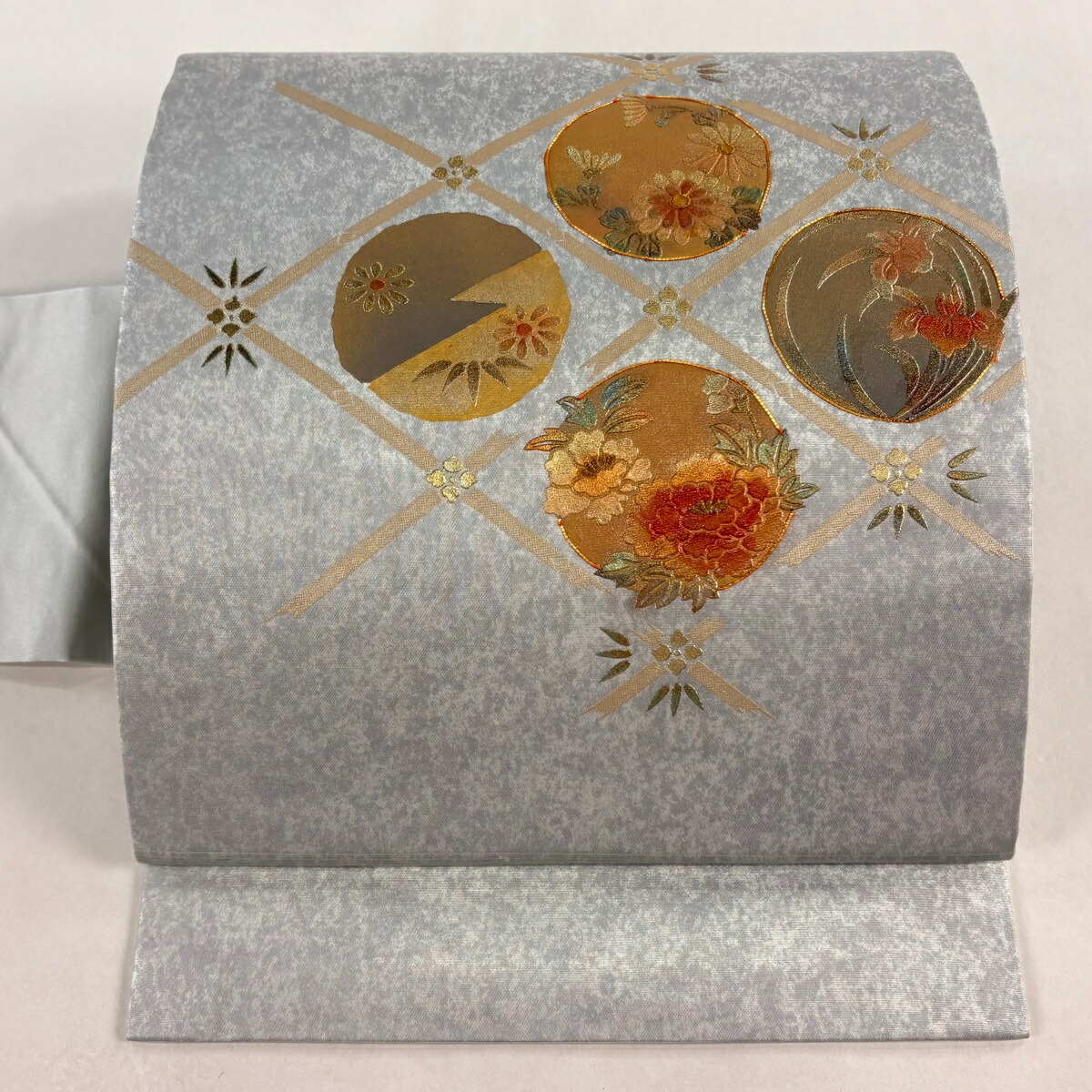 【美品】 名古屋帯 秀品 格天井 花丸文 箔 金彩 銀色 正絹 【中古】