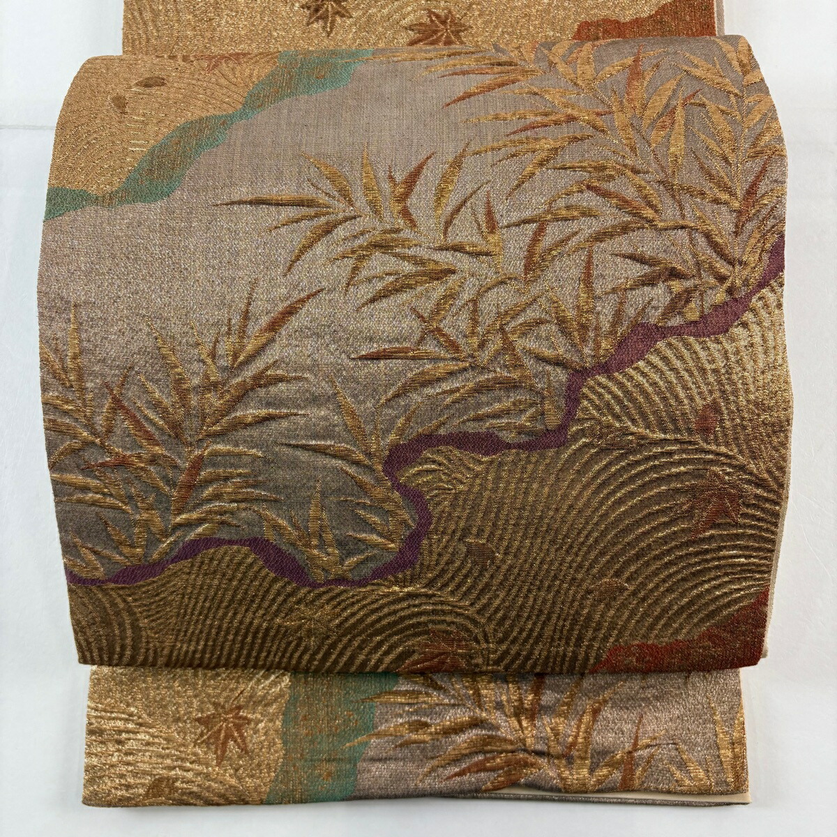 袋帯 名品 じゅらく 落款あり 葉柄 道長取 金糸 箔 茶色 六通 正絹 【中古】