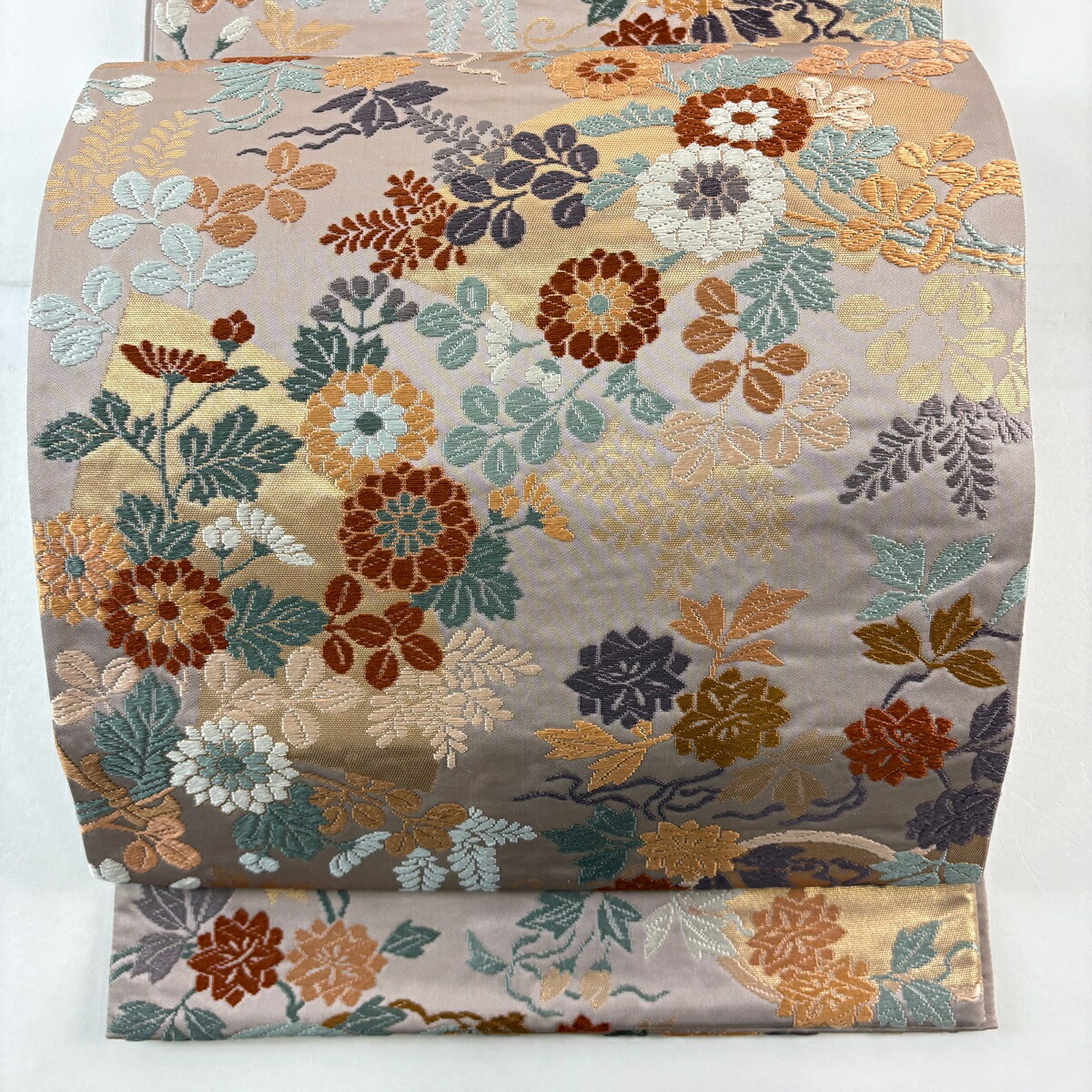 袋帯 名品 扇面 菊 唐織 箔 灰紫 六通 正絹 【中古】