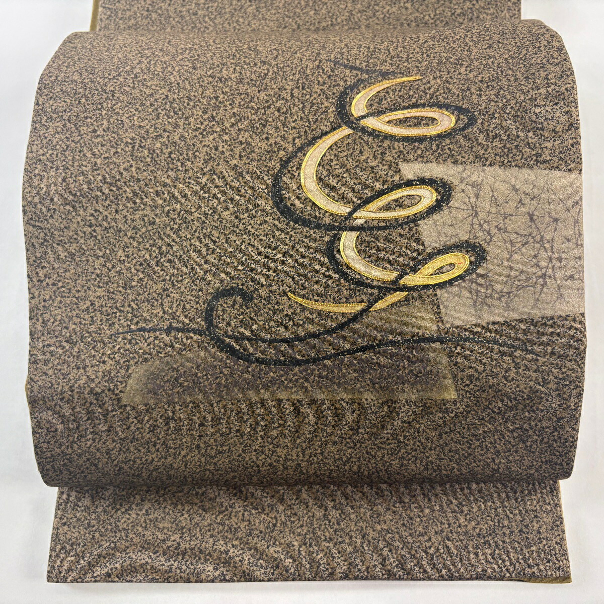袋帯 名品 幾何学模様 金糸 金彩 茶色 お太鼓柄 正絹 【中古】