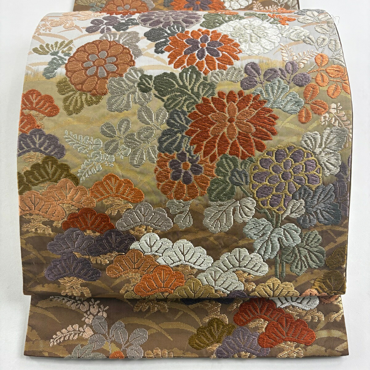 袋帯 名品 菊 笠松 金糸 唐織 灰茶 六通 正絹 【中古】