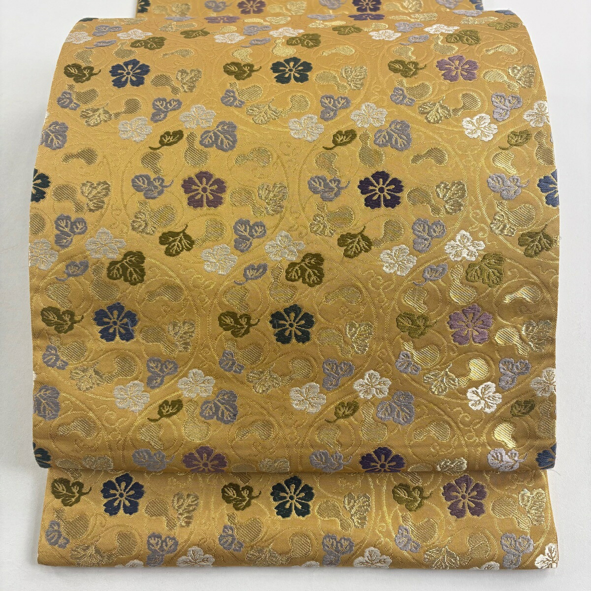 袋帯 名品 瓢箪 唐草 金糸 箔 山吹色 六通 正絹 【中古】