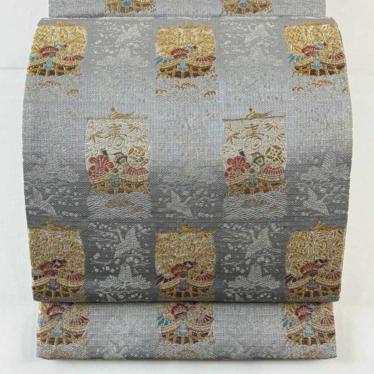 袋帯 名品 宝船 鶴 金銀糸 刺繍 灰色 六通 正絹 【中古】