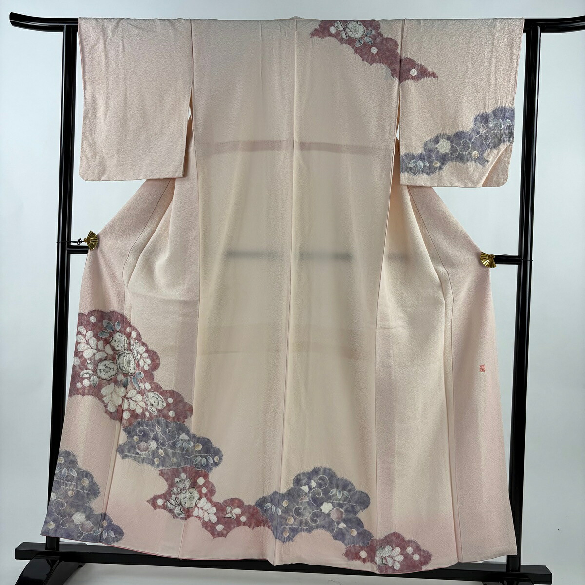 訪問着 身丈156cm 裄丈63cm S 袷 滝泰 落款あり 雲文 辻が花 薄ピンク 正絹 名品 【中古】
