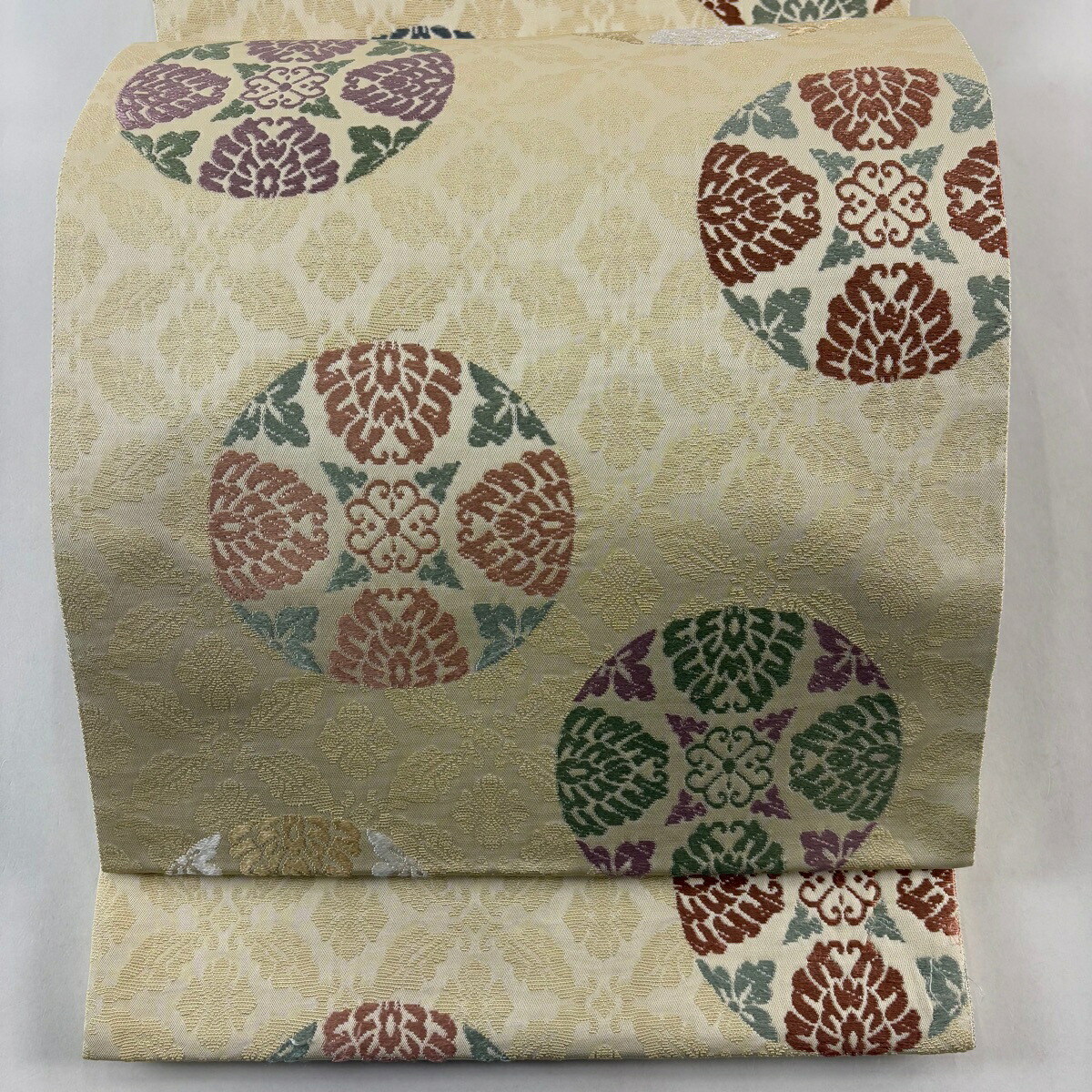 袋帯 名品 浮線綾文様 ベージュ 六通 正絹 【中古】