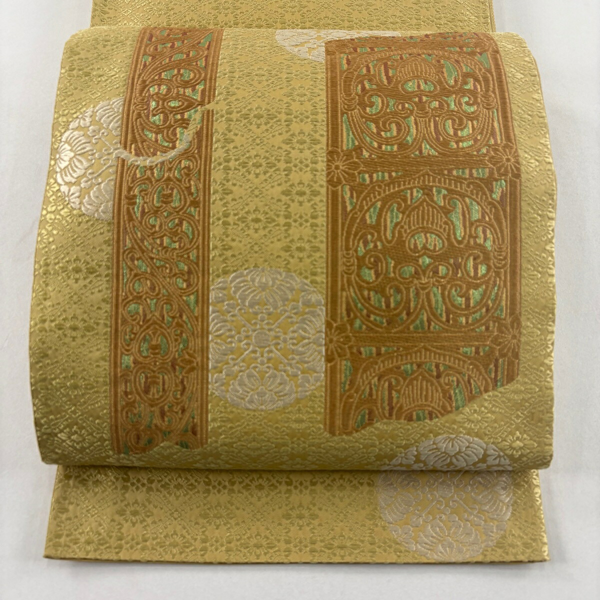 袋帯 名品 華文 花唐草 唐織 箔 ベージュ お太鼓柄 正絹 【中古】