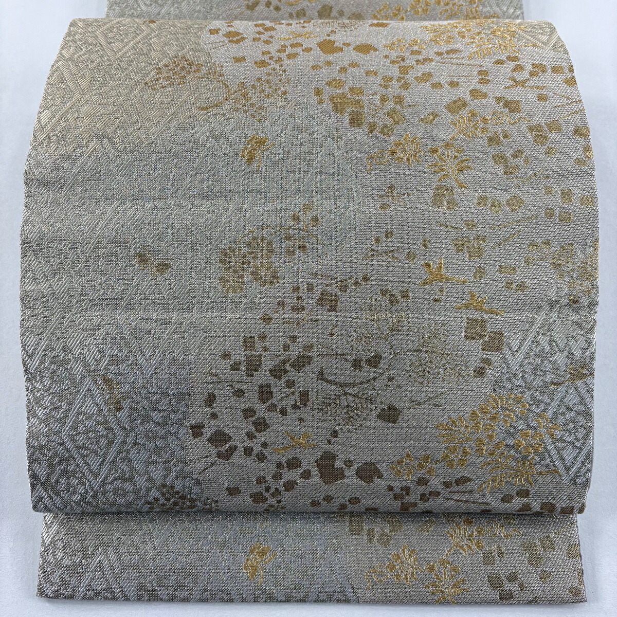 袋帯 名品 落款あり 草花 鳥 金糸 灰緑 全通 正絹 【中古】