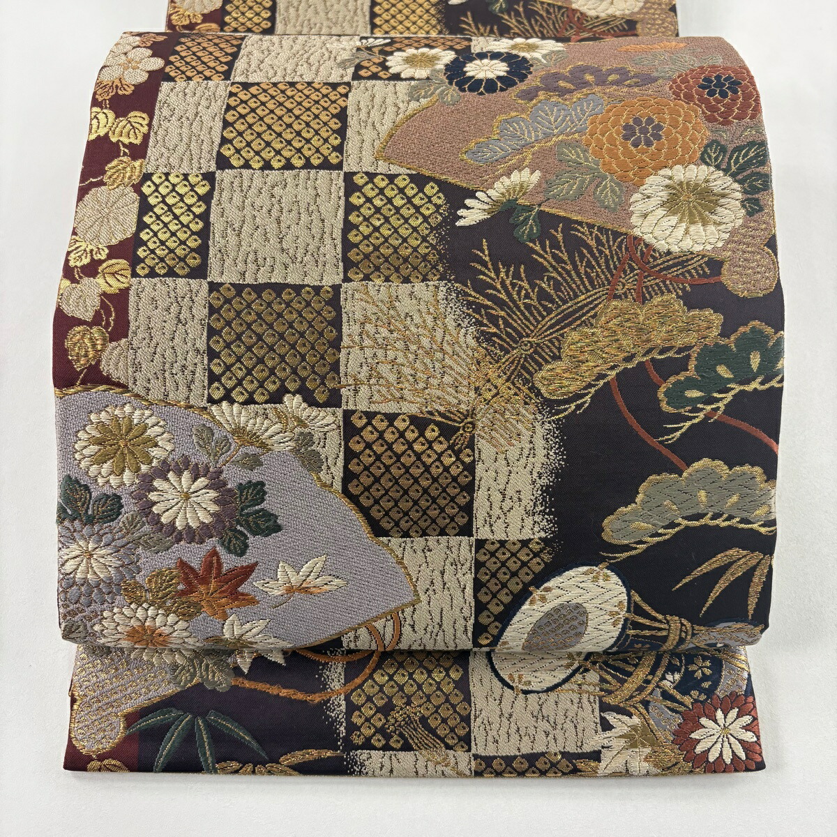 袋帯 名品 扇 草花 金糸 濃紫 六通 正絹 【中古】
