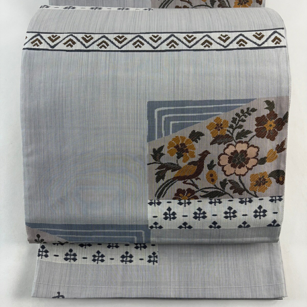 袋帯 名品 草花 鳥 灰色 六通 正絹 【中古】