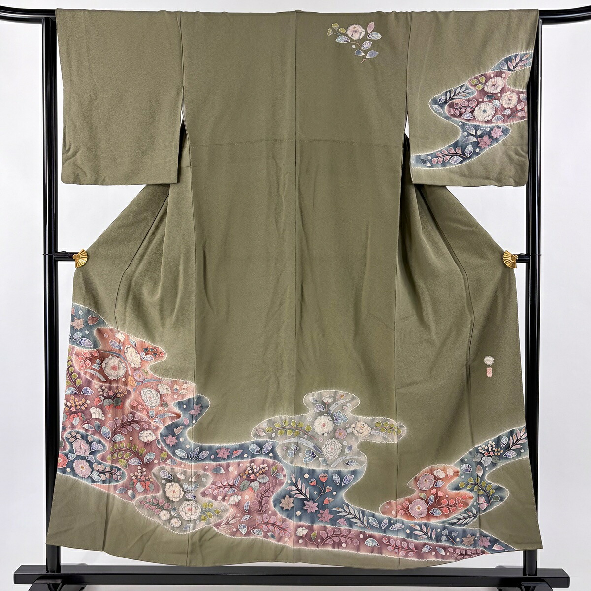 訪問着 身丈153cm 裄丈65cm M 袷 翠山工房 落款あり 辻が花 霞 ぼかし 茶緑色 正絹 名品 【中古】