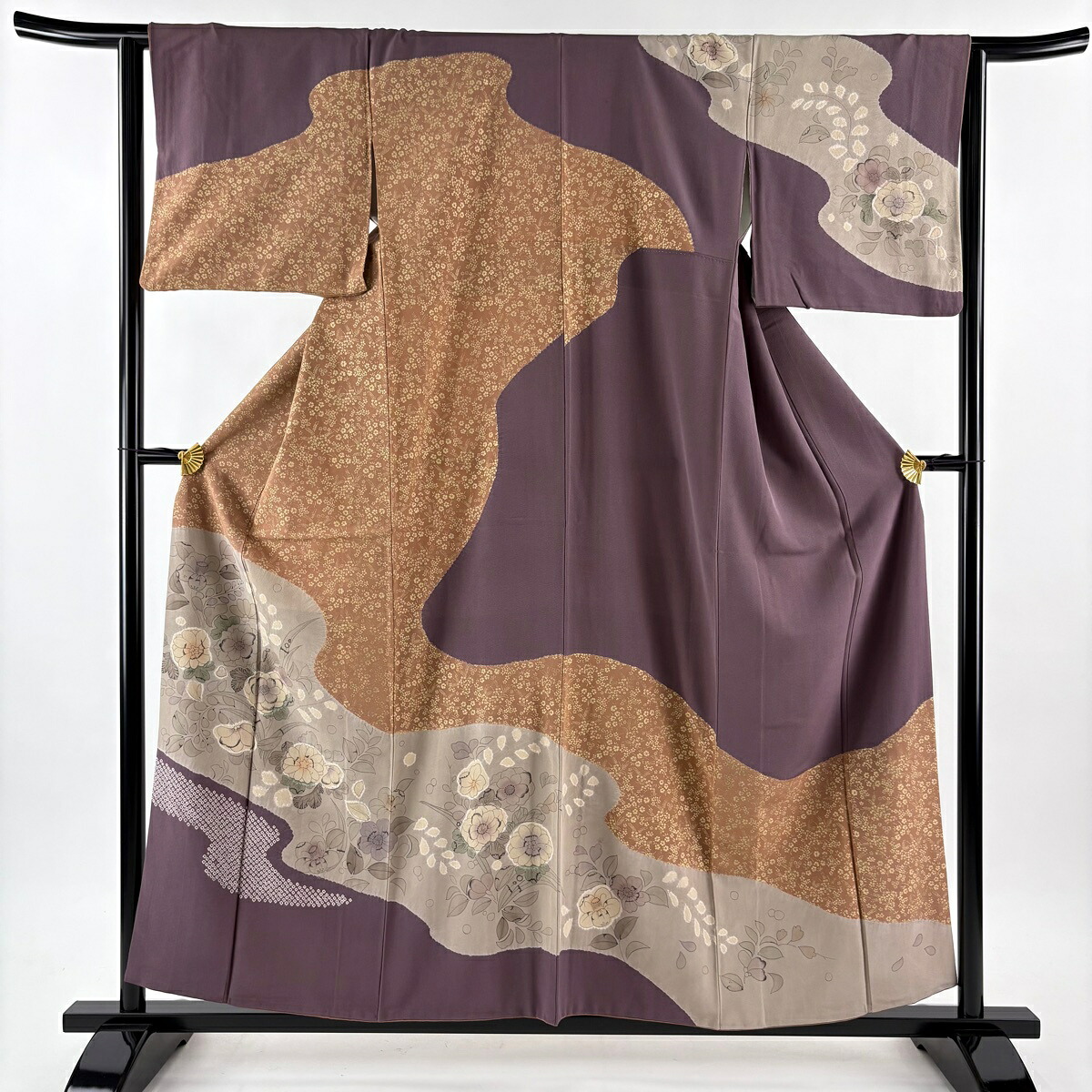 訪問着 身丈157.5cm 裄丈63.5cm S 袷 草花 霞 金彩 薄茶色 正絹 秀品 【中古】