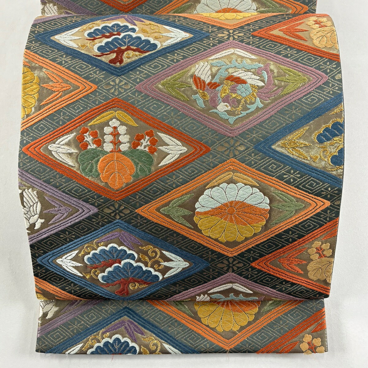 袋帯 名品 菱 菊 箔 唐織 青緑 六通 正絹 【中古】