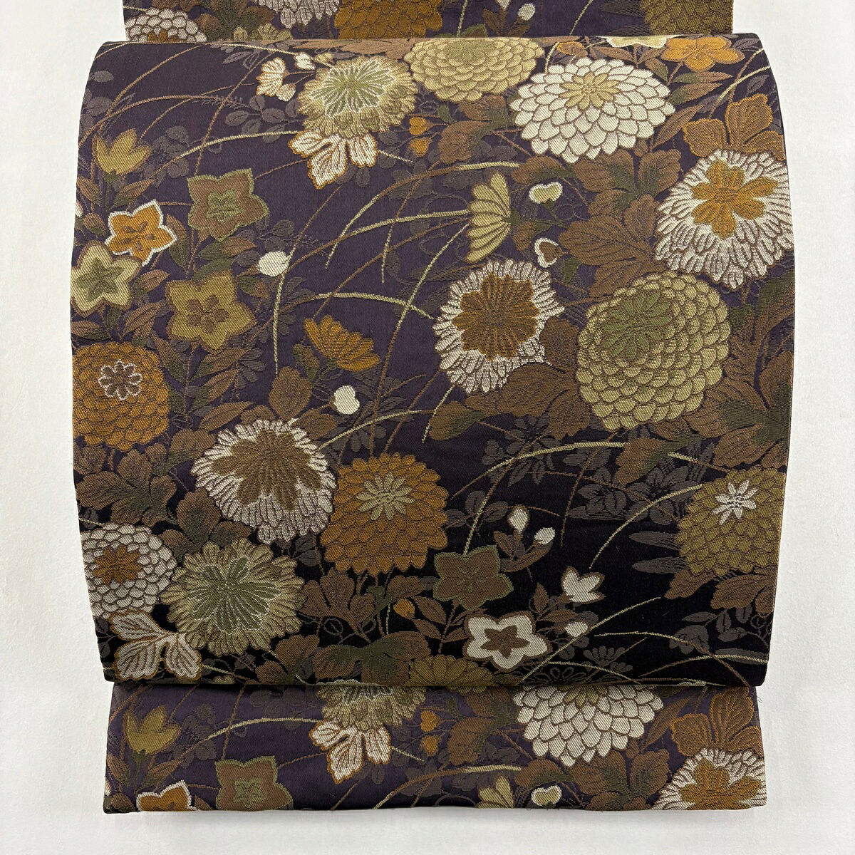 袋帯 名品 菊 桔梗 茶紫 六通 正絹 【中古】