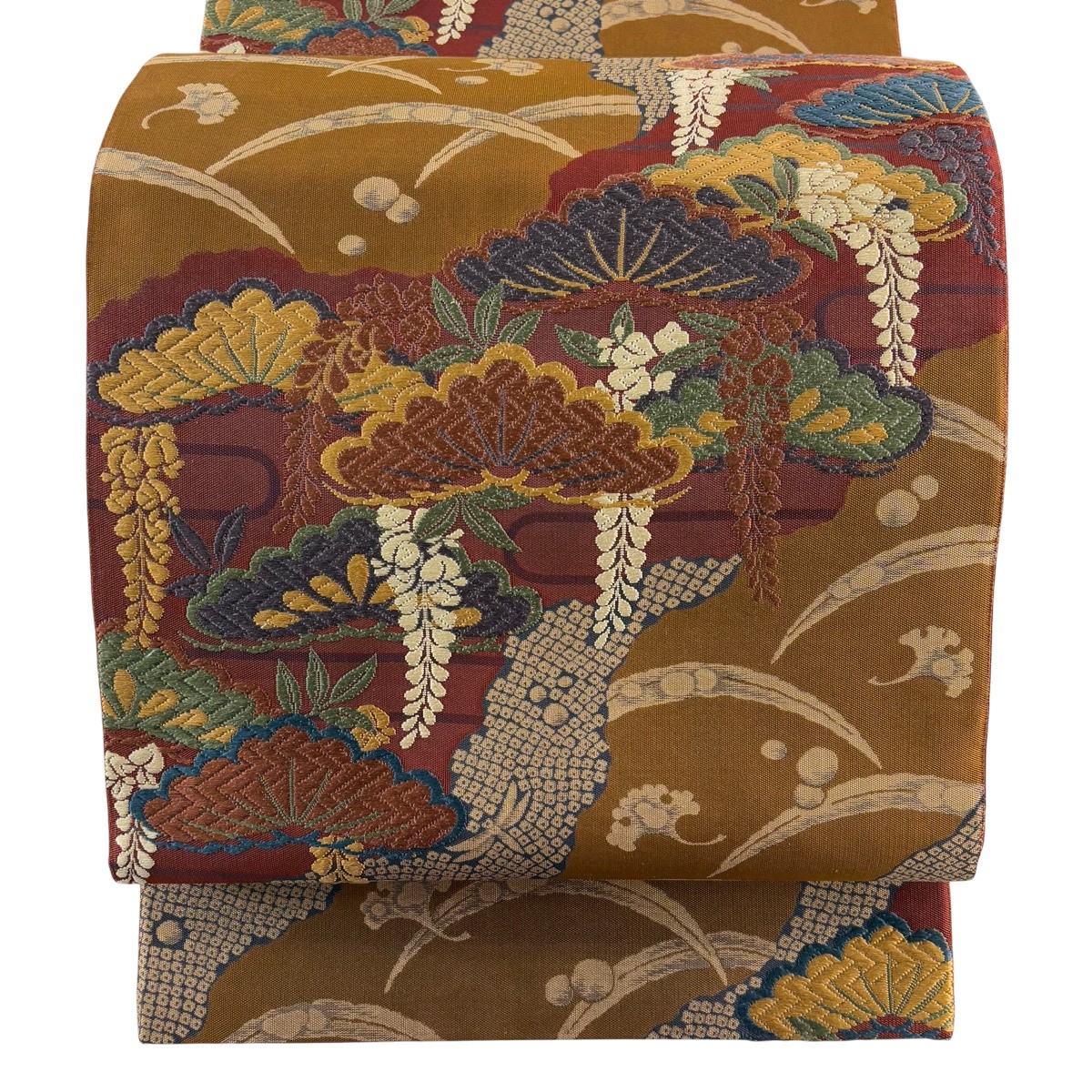 袋帯 名品 花井幸子 落款あり 笠松 露芝 唐織 茶色 六通 正絹 【中古】