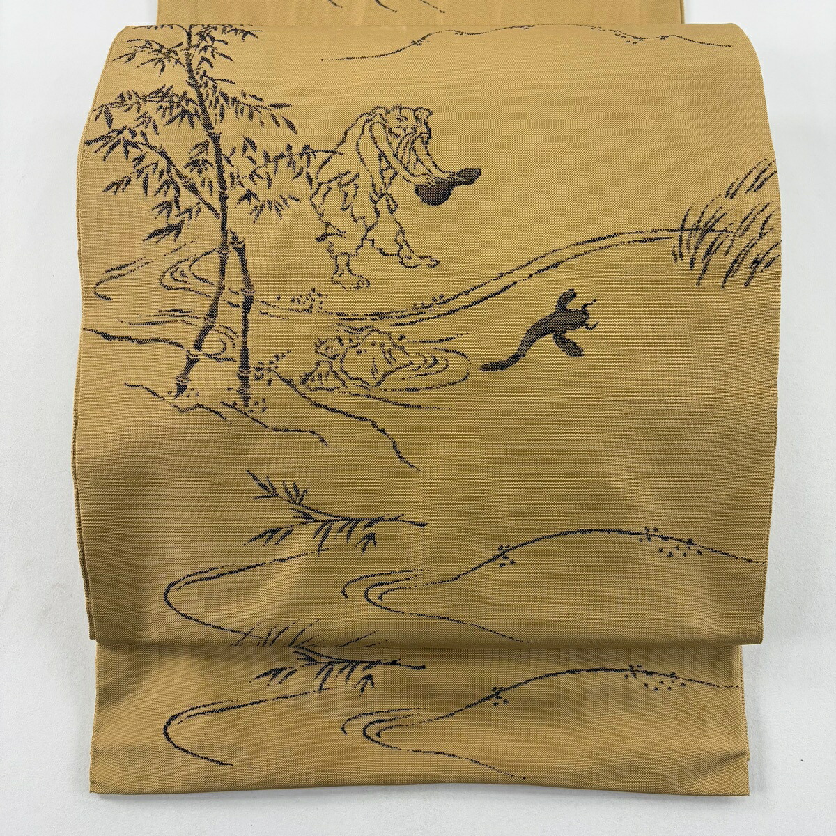 袋帯 名品 人物 流水 黄土色 お太鼓柄 正絹 【中古】