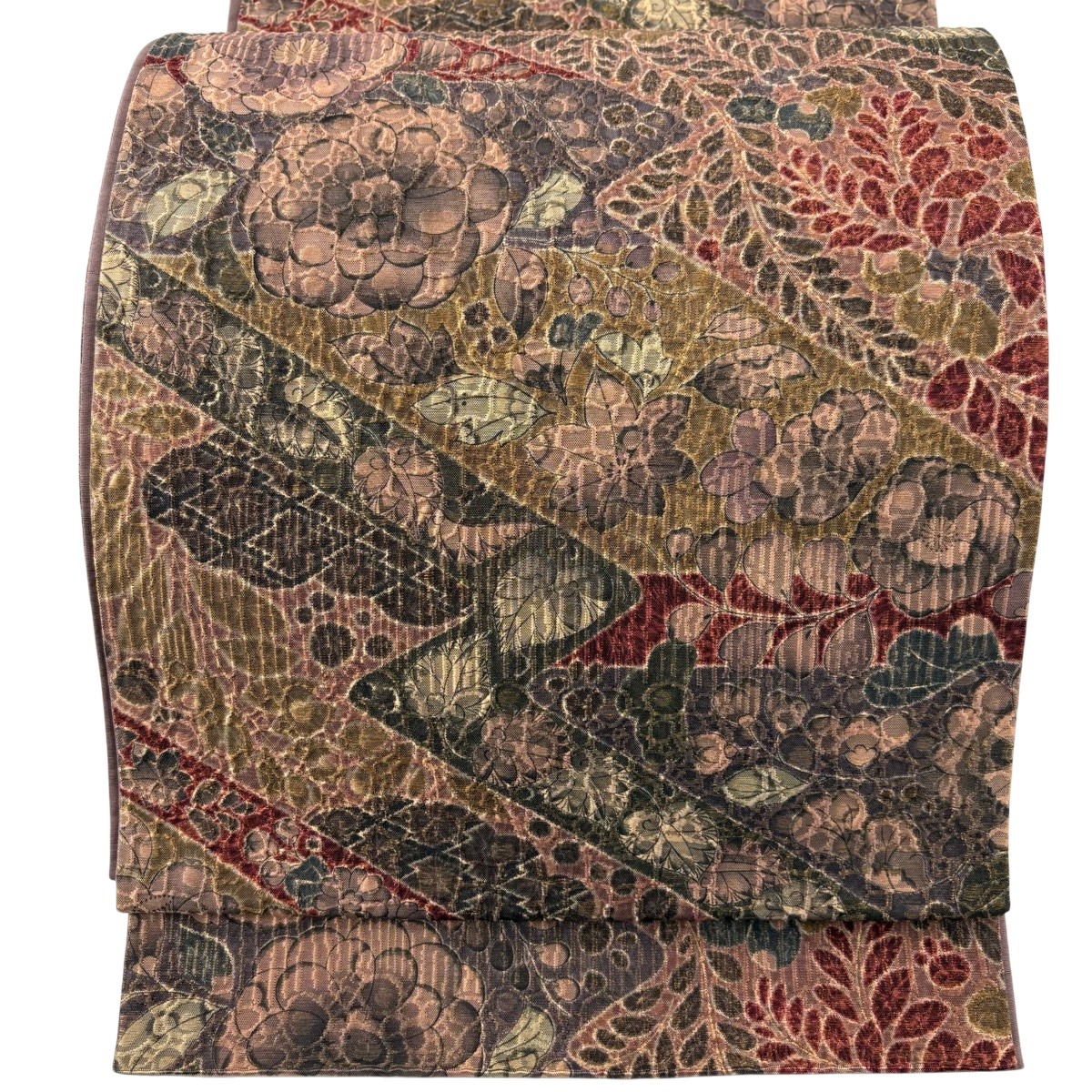 【美品】 袋帯 名品 草花 松皮菱 金糸 茶色 全通 正絹 【中古】