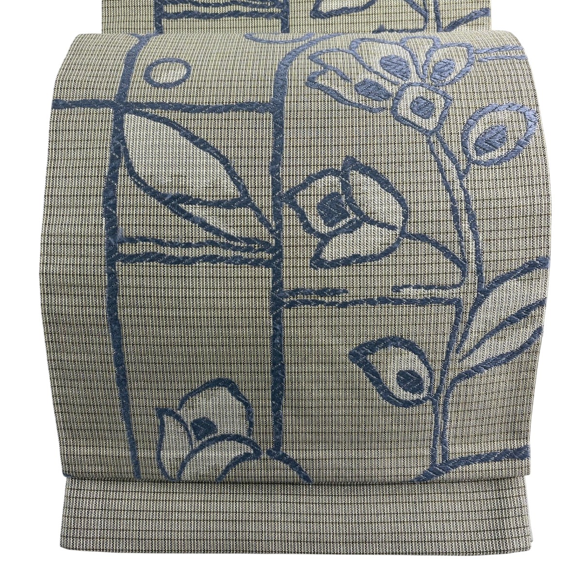 袋帯 名品 証紙あり 草花 金糸 唐織 灰色 六通 正絹 【中古】