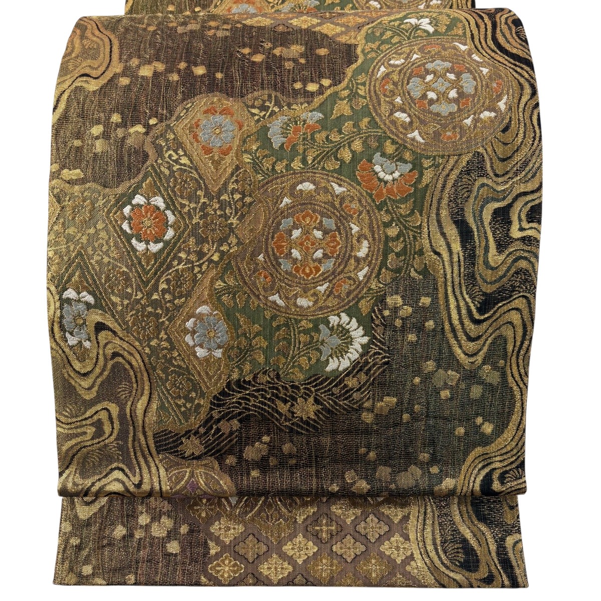 【美品】 袋帯 名品 華文 花唐草 箔 金茶 六通 正絹 【中古】