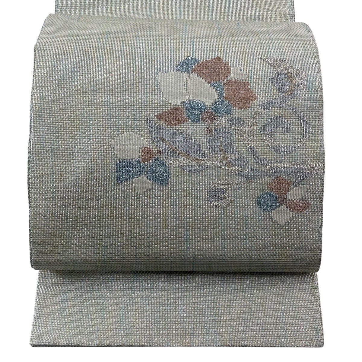 【美品】 袋帯 秀品 夏帯 縞 草花 金銀糸 薄緑 お太鼓柄 正絹 【中古】