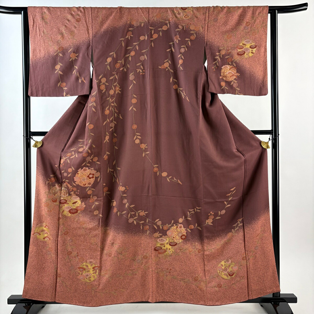 訪問着 身丈160cm 裄丈63cm S 袷 枝垂れ桜 花丸文 金銀彩 小豆色 正絹 秀品 【中古】