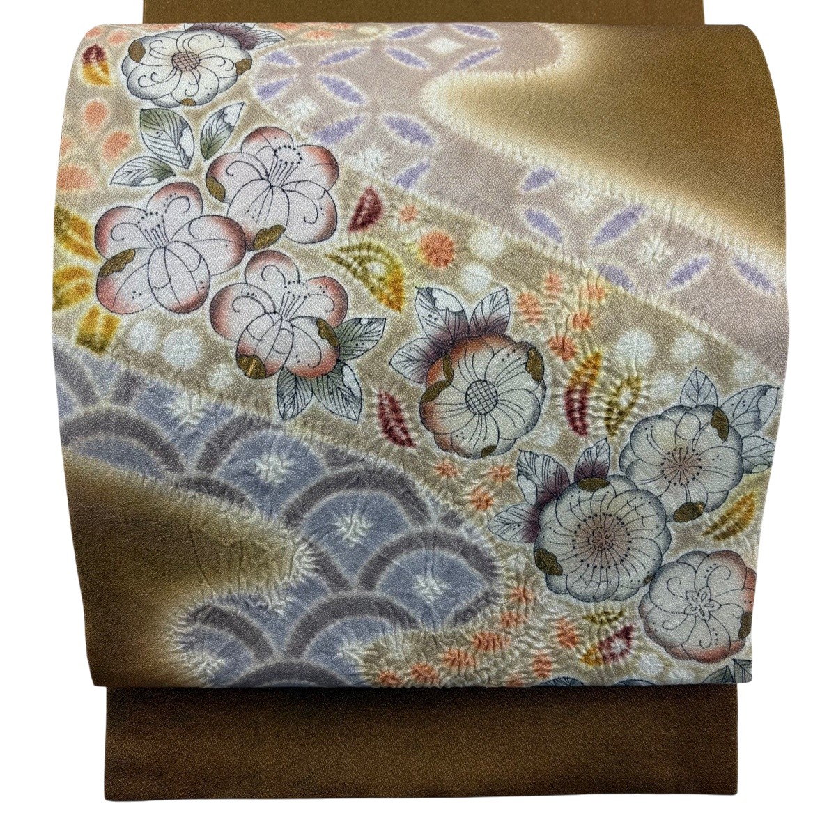 袋帯 名品 辻が花 有職文様 絞り 箔 茶色 お太鼓柄 正絹 【中古】