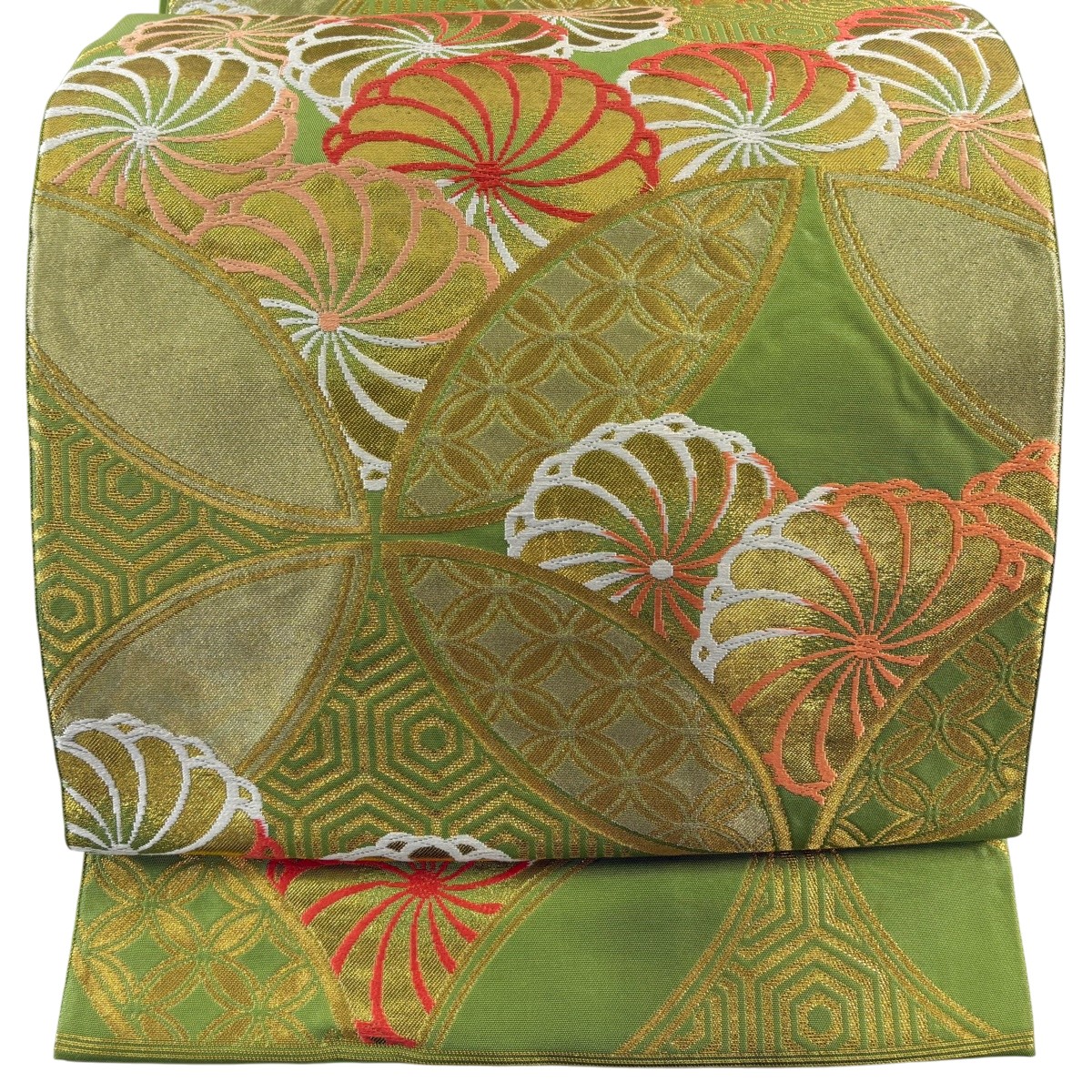 袋帯 名品 川島織物 落款あり 関西仕立て 菊 七宝文 刺繍 金銀糸 黄緑色 六通 正絹 【中古】