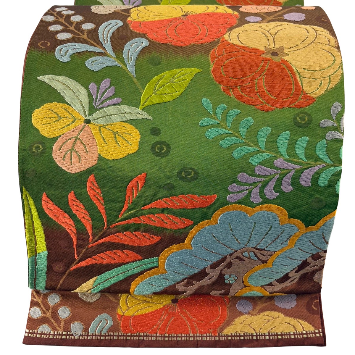 袋帯 名品 関西仕立て 花 笠松 金糸 唐織 焦茶色 六通 正絹 【中古】