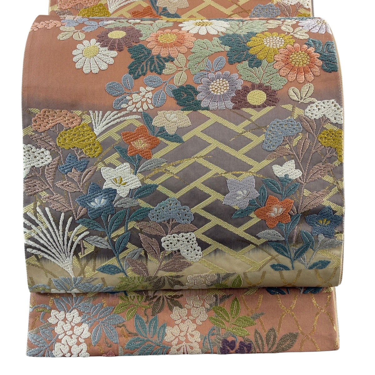 袋帯 名品 菊 草花 唐織 箔 ベージュ 六通 正絹 【中古】
