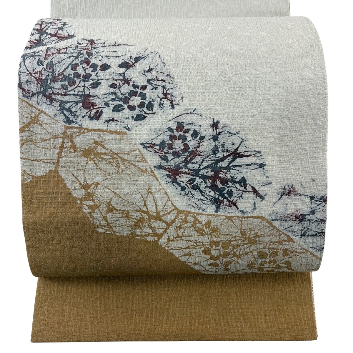 袋帯 名品 草花 幾何学模様 金糸 山吹茶色 お太鼓柄 正絹 【中古】
