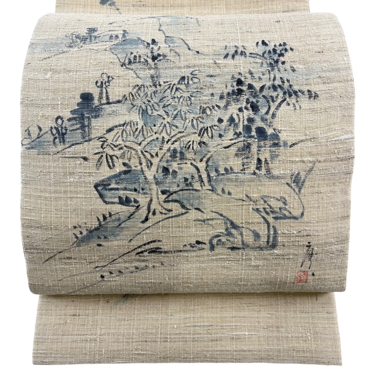袋帯 名品 落款あり 紬地 風景 樹木 ベージュ お太鼓柄 正絹 【中古】