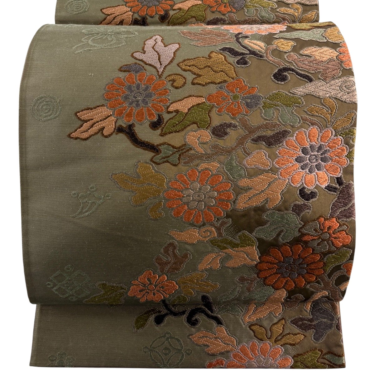 袋帯 名品 草花 唐織 茶緑色 六通 正絹 【中古】