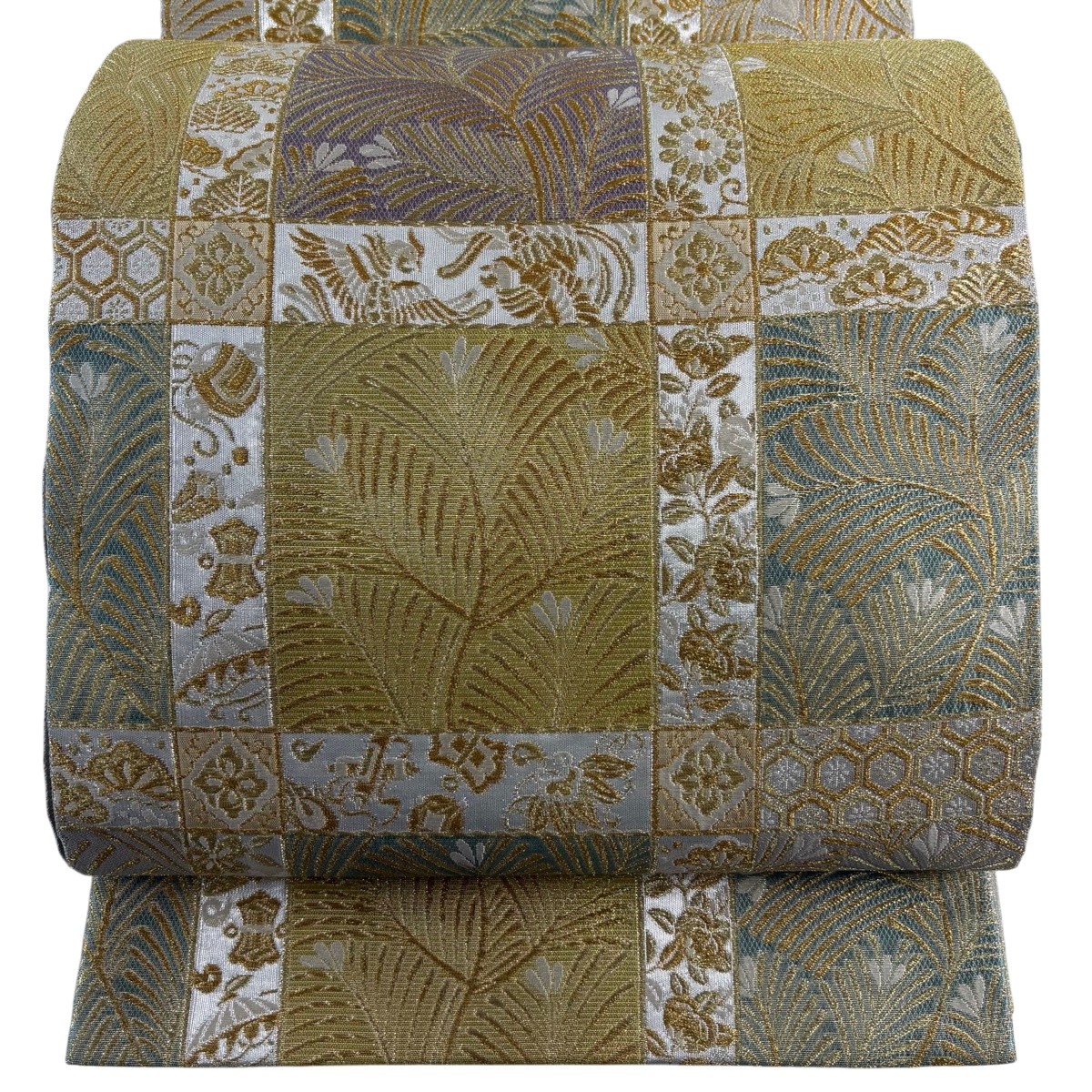 袋帯 名品 若松 花鳥 金糸 箔 金色 六通 正絹 【中古】