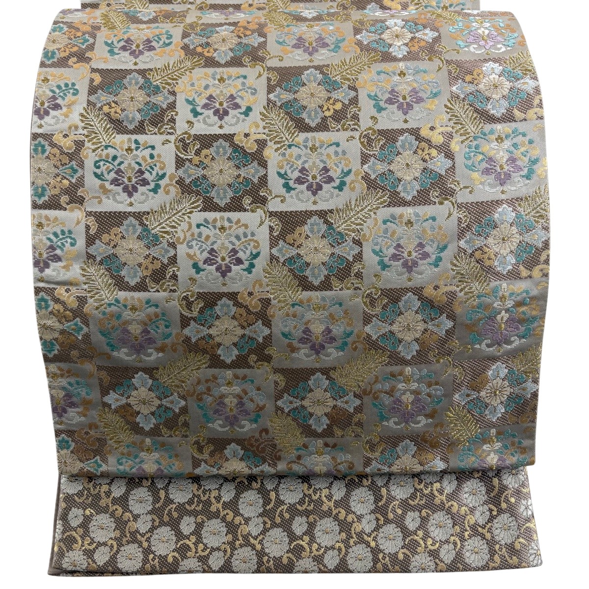 袋帯 名品 花唐草 市松 金糸 箔 ベージュ 六通 正絹 【中古】