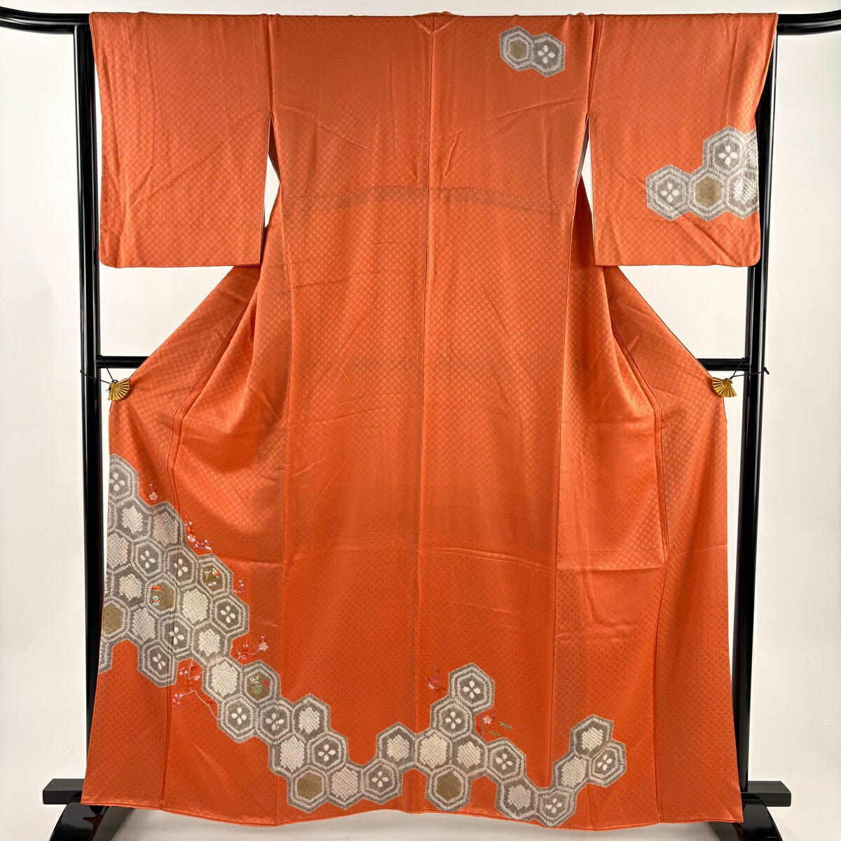 訪問着 身丈162.5cm 裄丈65cm M 袷 亀甲 枝梅 絞り 刺繍 オレンジ 正絹 秀品 【中古】