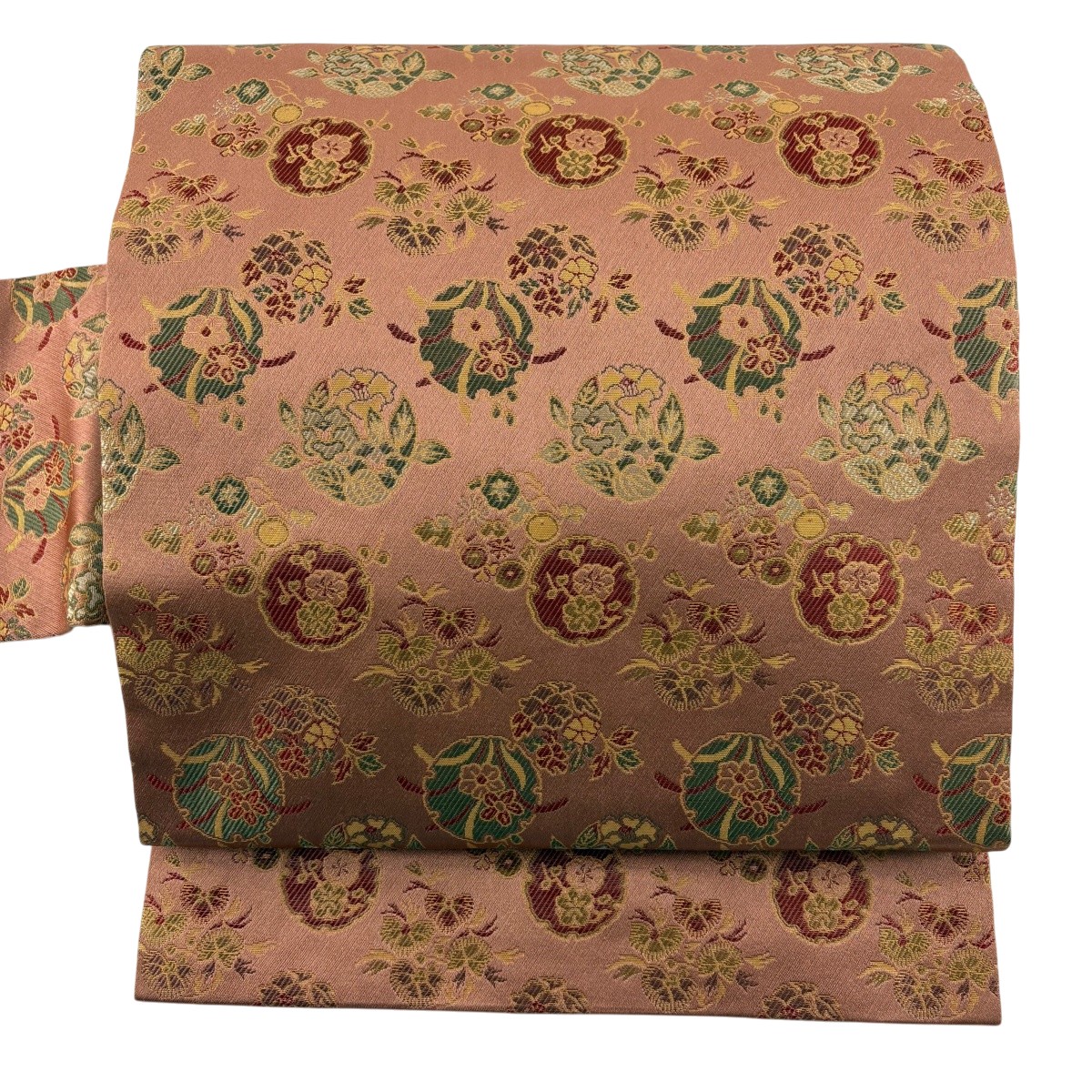 【美品】 名古屋帯 秀品 雪輪 草花 金彩 ピンクベージュ 正絹 【中古】