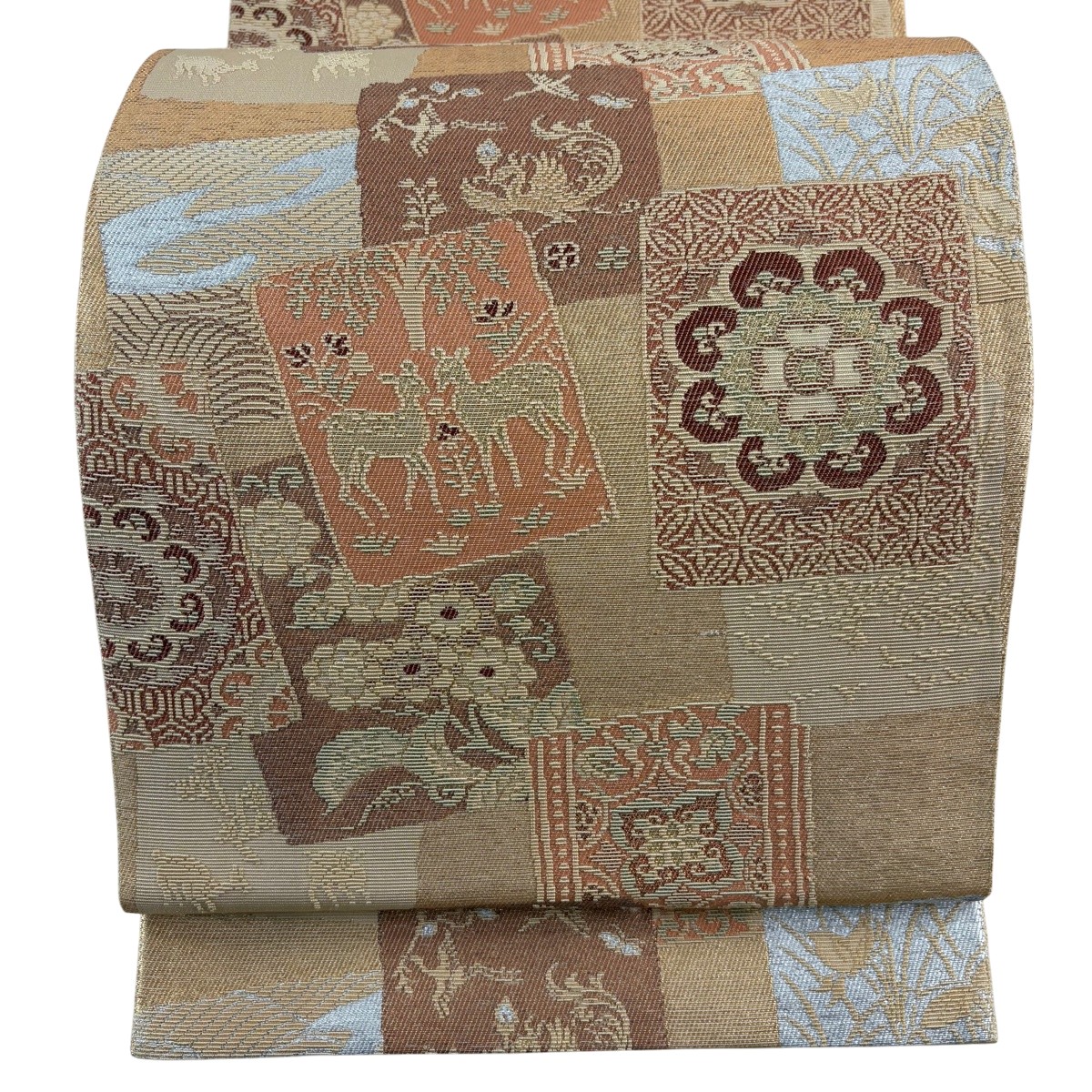 袋帯 名品 破れ色紙 華文 金糸 箔 ベージュ 六通 正絹 【中古】
