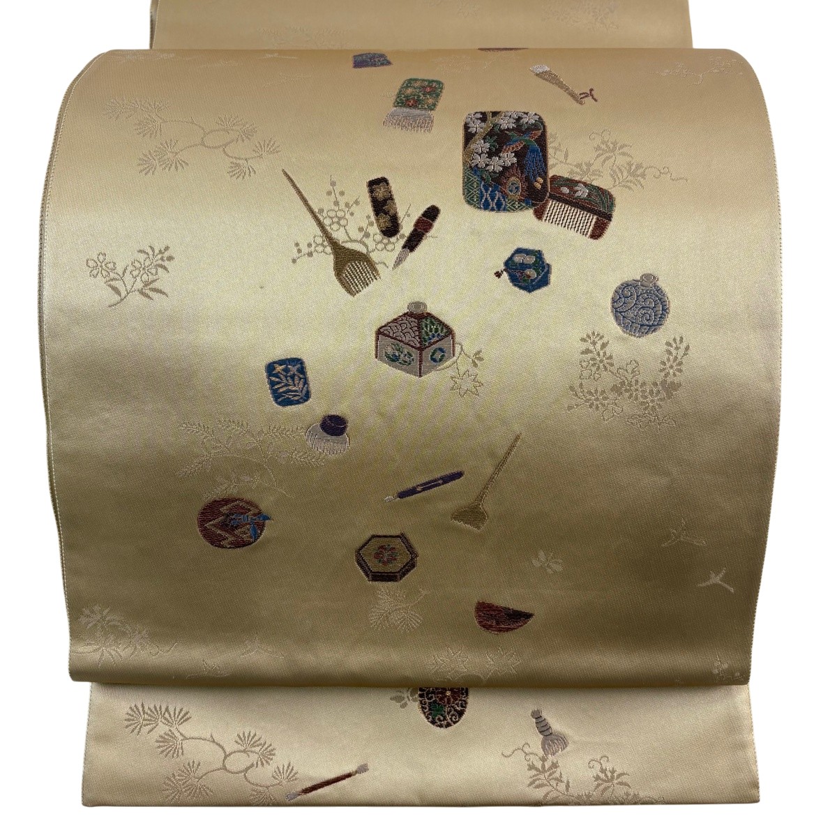 袋帯 名品 くし 筆 箔 刺繍 薄茶色 お太鼓柄 正絹 【中古】