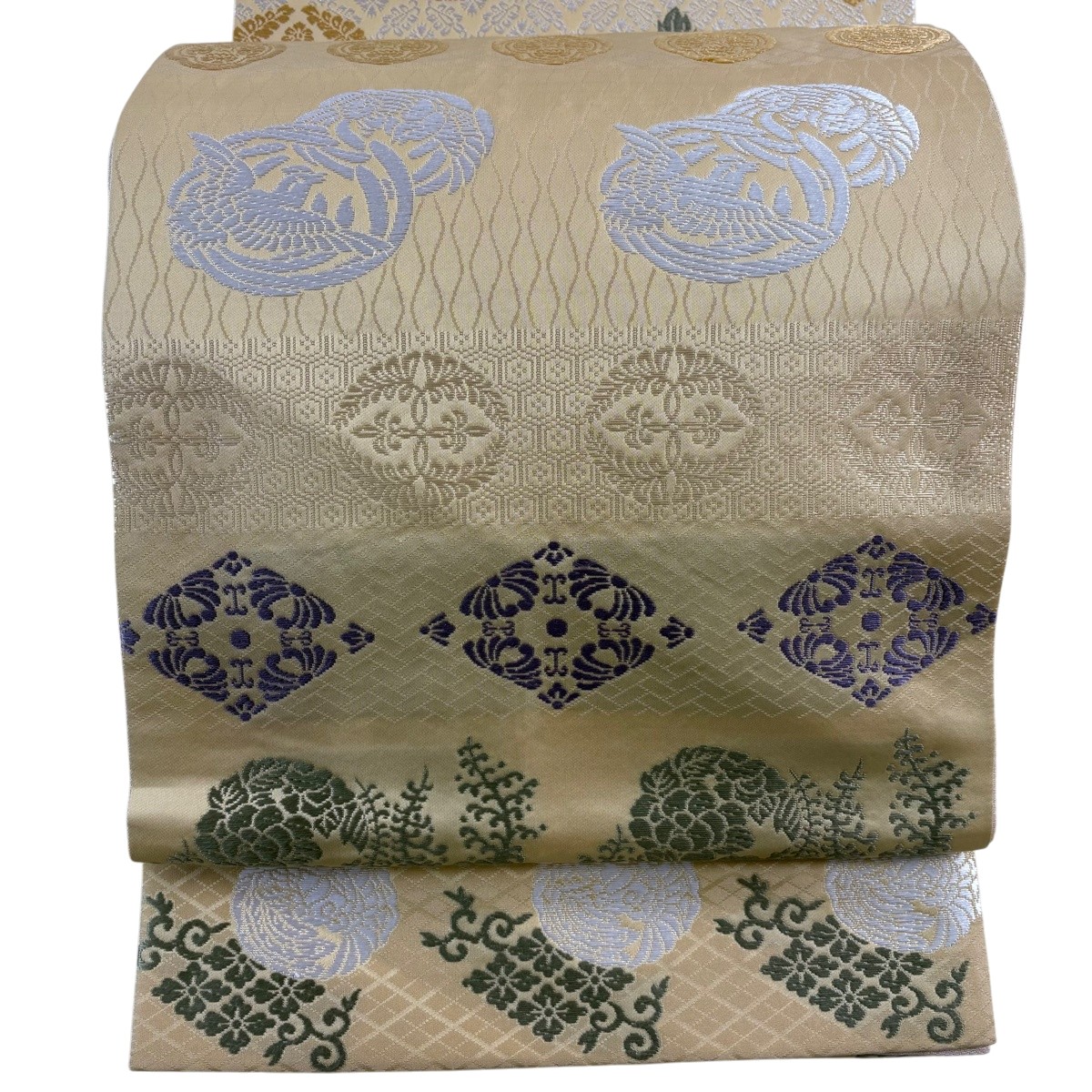 袋帯 名品 花菱 鳥 ベージュ お太鼓柄 正絹 【中古】