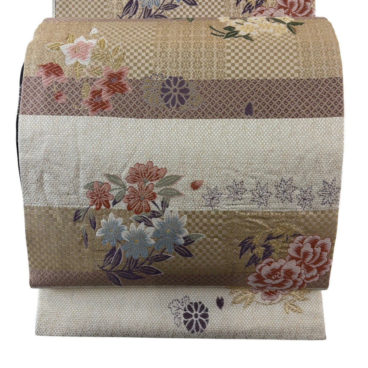 袋帯 名品 やまと 花丸文 横段 金糸 箔 ベージュ 六通 正絹 【中古】
